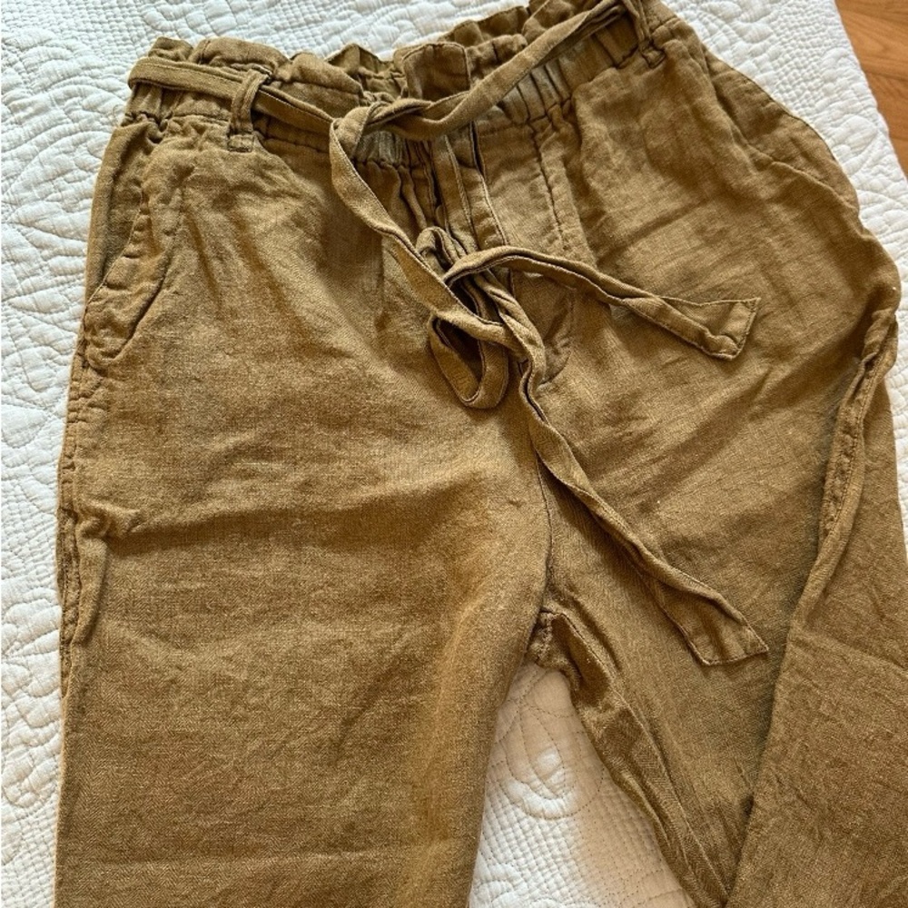Free People Drawstring Linen-Blend Paperbag Waist Pants in Caramel Brown - Picture 4 of 7